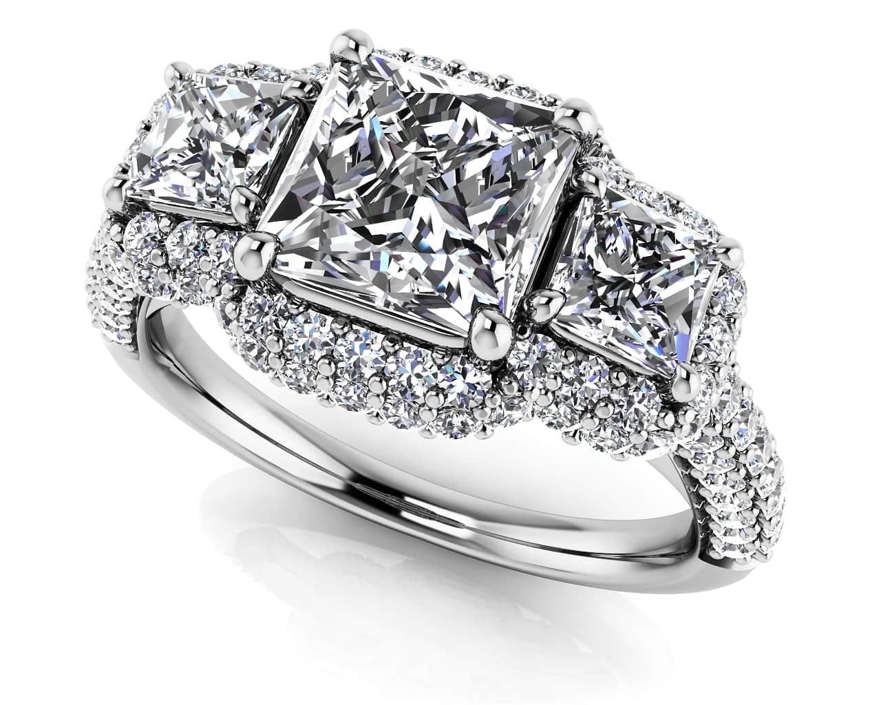 Three Stone Diamond Double Halo Anniversary Ring Lab-Grown Diamond with 2.09 ct. (1.00 ct. center diamond)